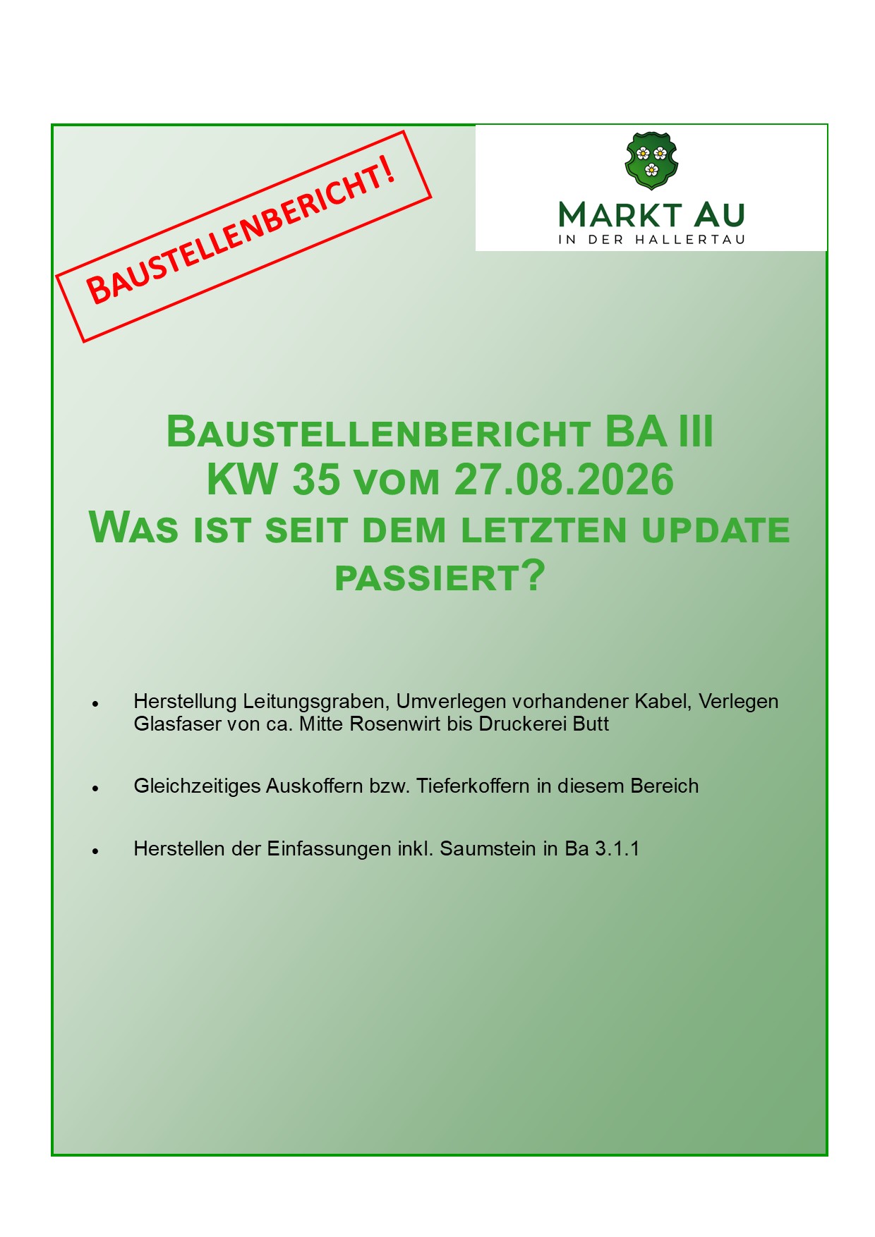 Baustellenbericht BA III KW 35 vom 27.08.2026