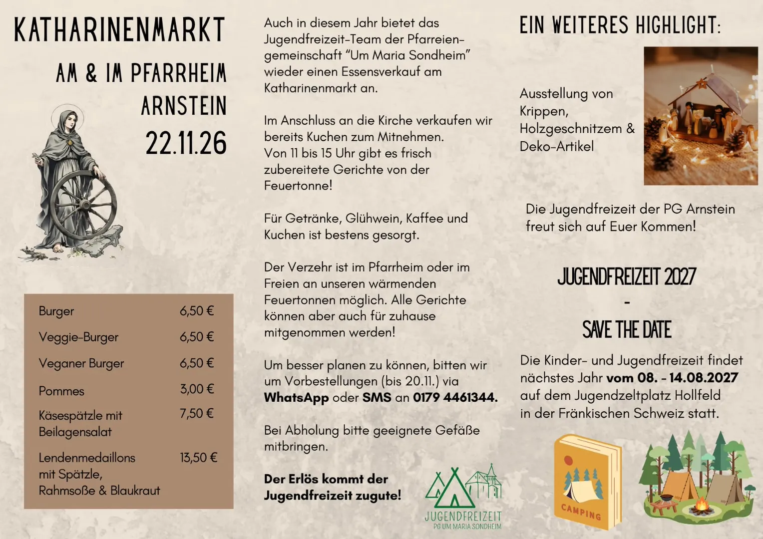 Die Jugendfreizeit informiert:  Katharinenmarkt Mittagessen und Kaffee am 22.11.2026