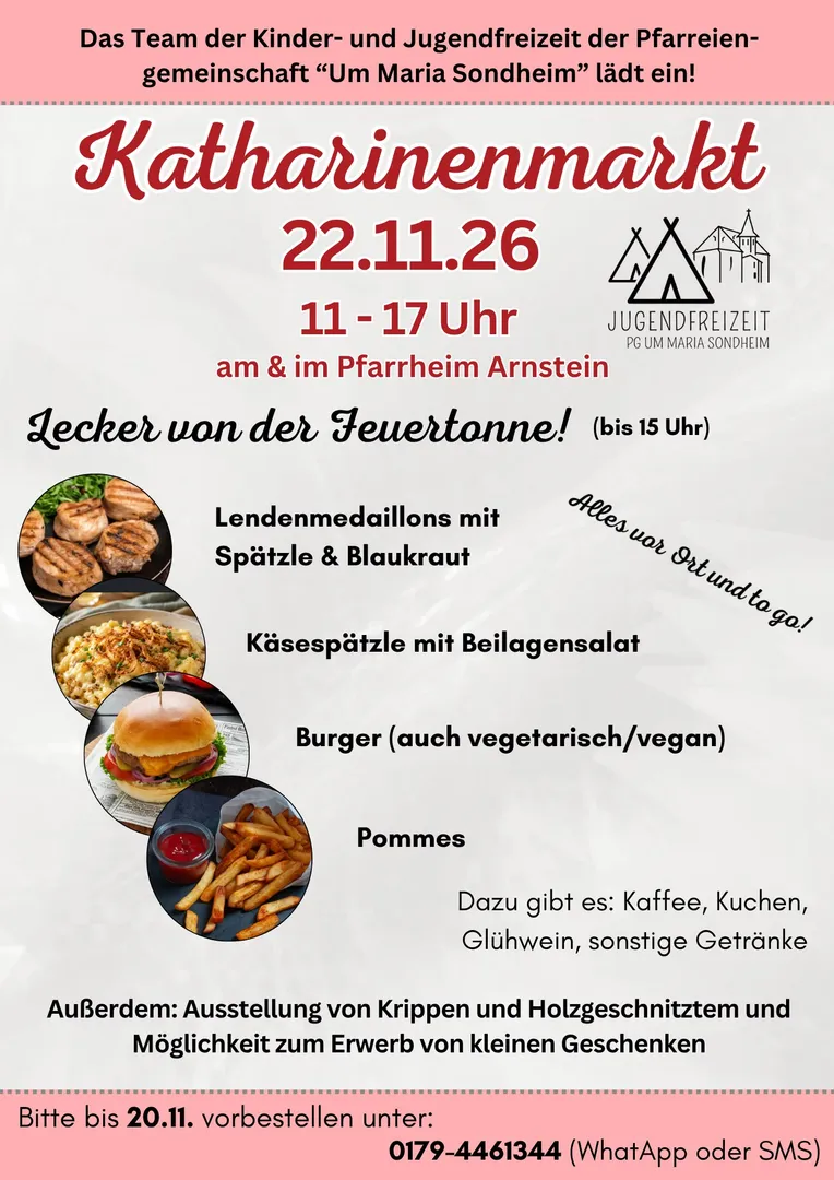 Die Jugendfreizeit informiert:  Katharinenmarkt Mittagessen und Kaffee am 22.11.2026