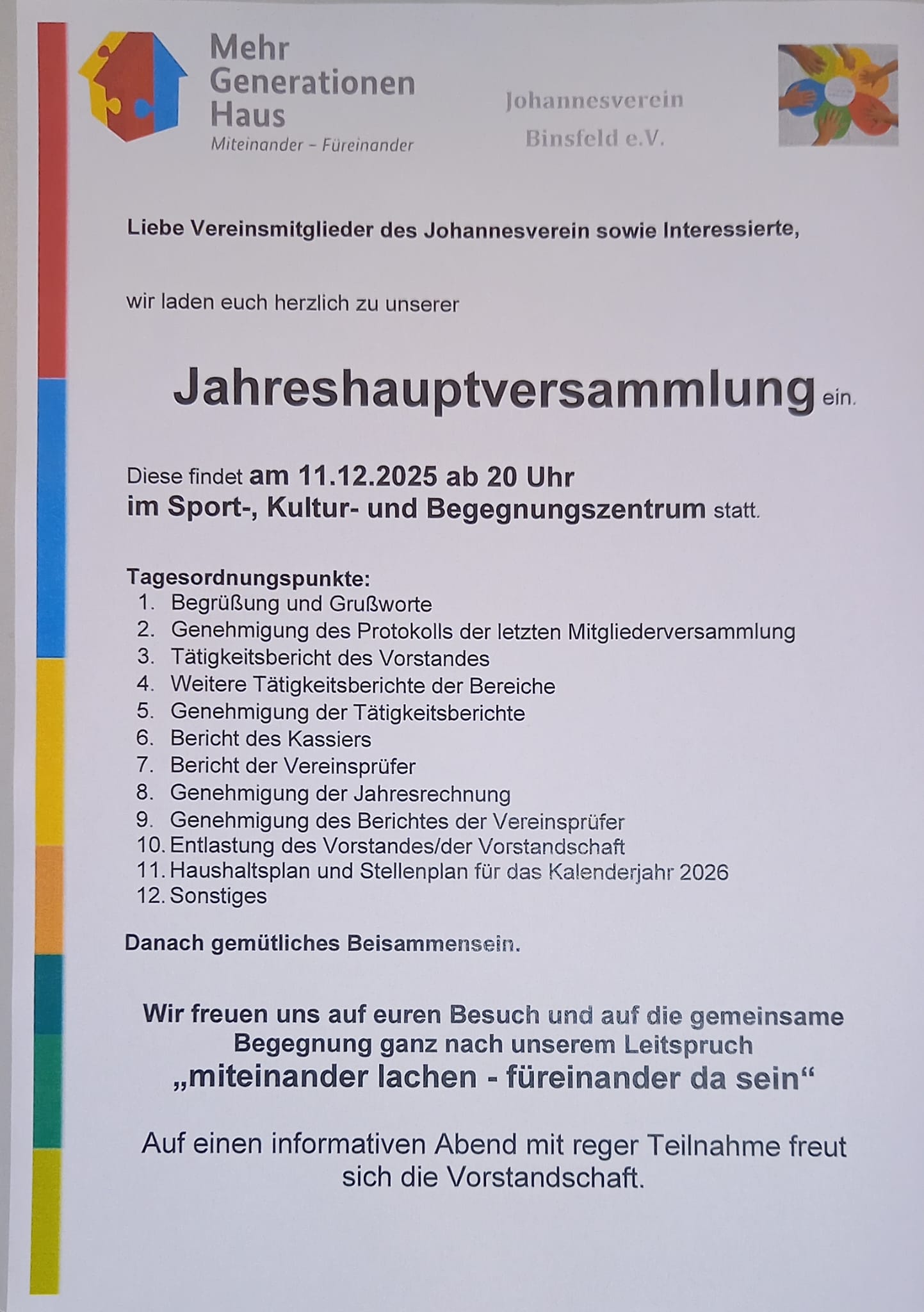 Einladung zur Jahreshauptversammlung des Johannesverein Binsfeld e.V.