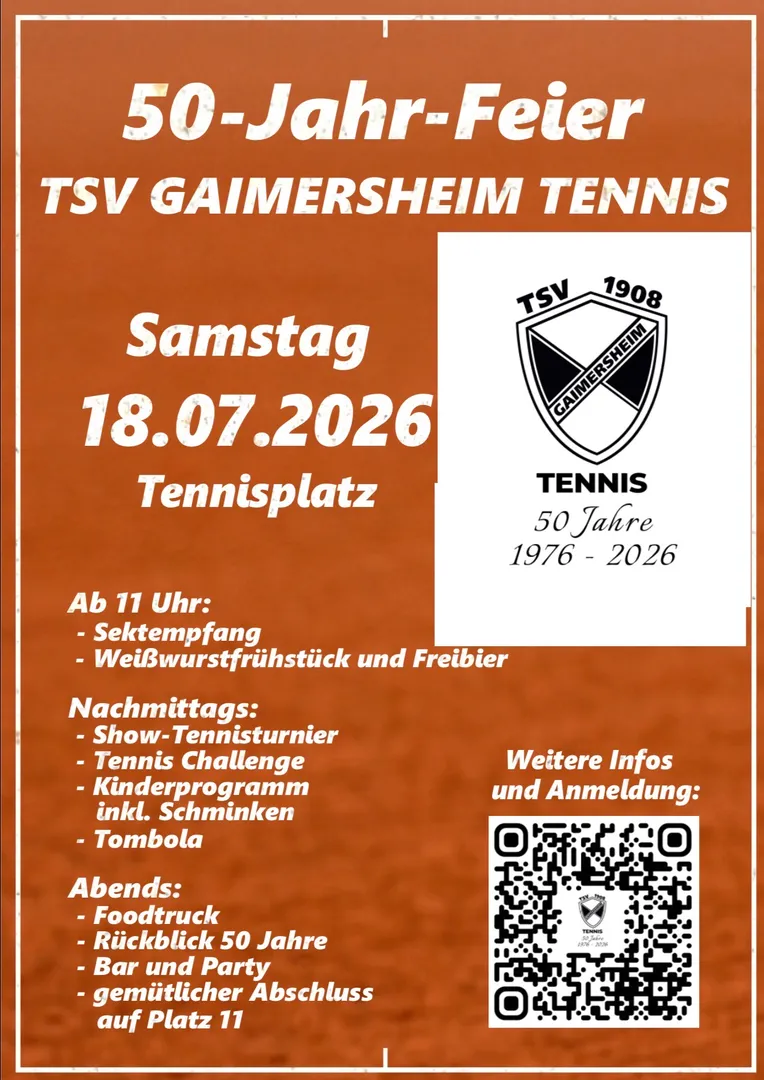 50 Jahre TSV Gaimersheim Tennis – Jubiläumsfeier am 18. Juli 2026