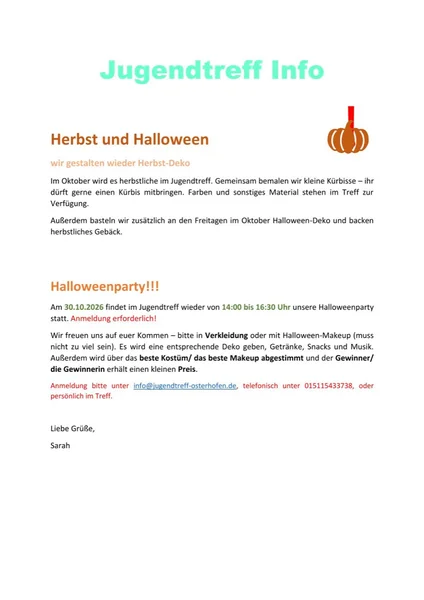 Jugendtreff Info: Herbst und Halloween