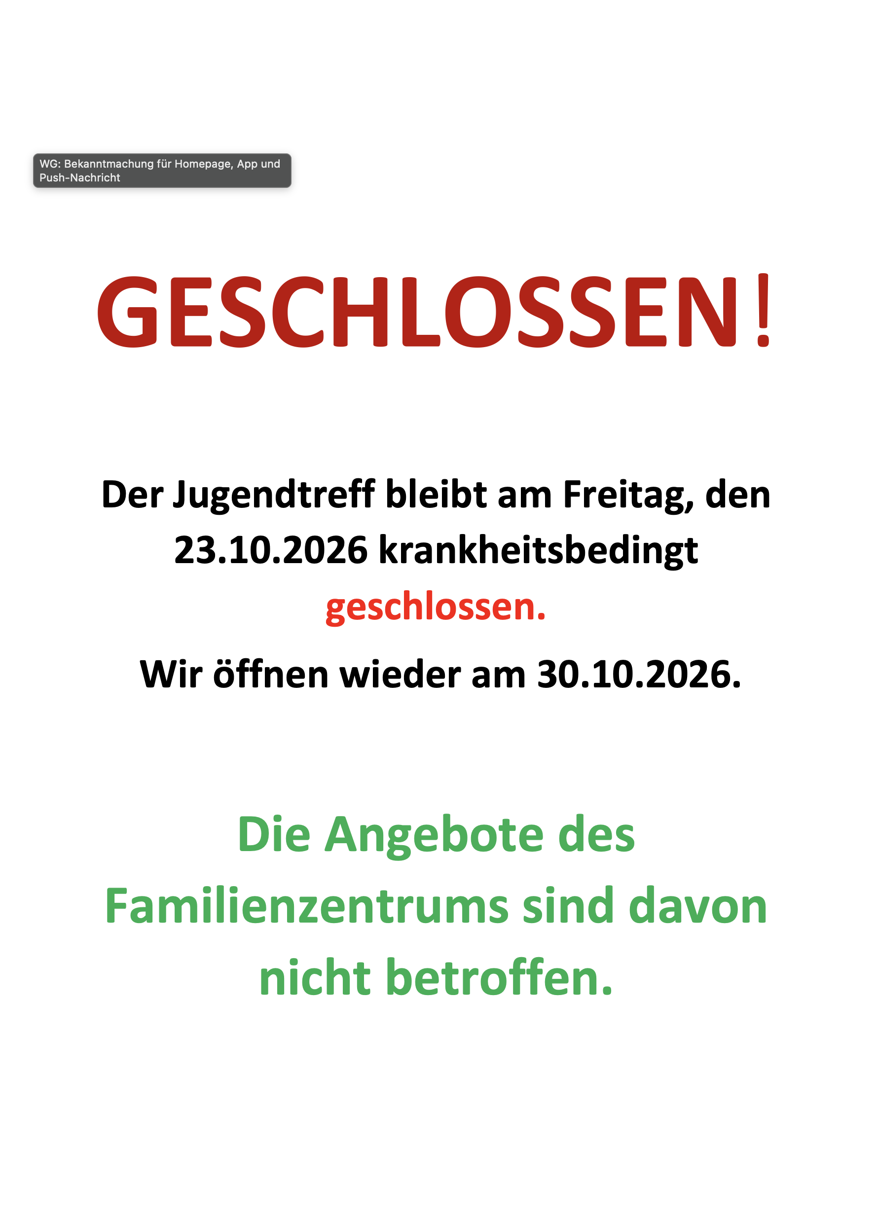 Jugendtreff am Freitag, 23.10.2026 geschlossen.