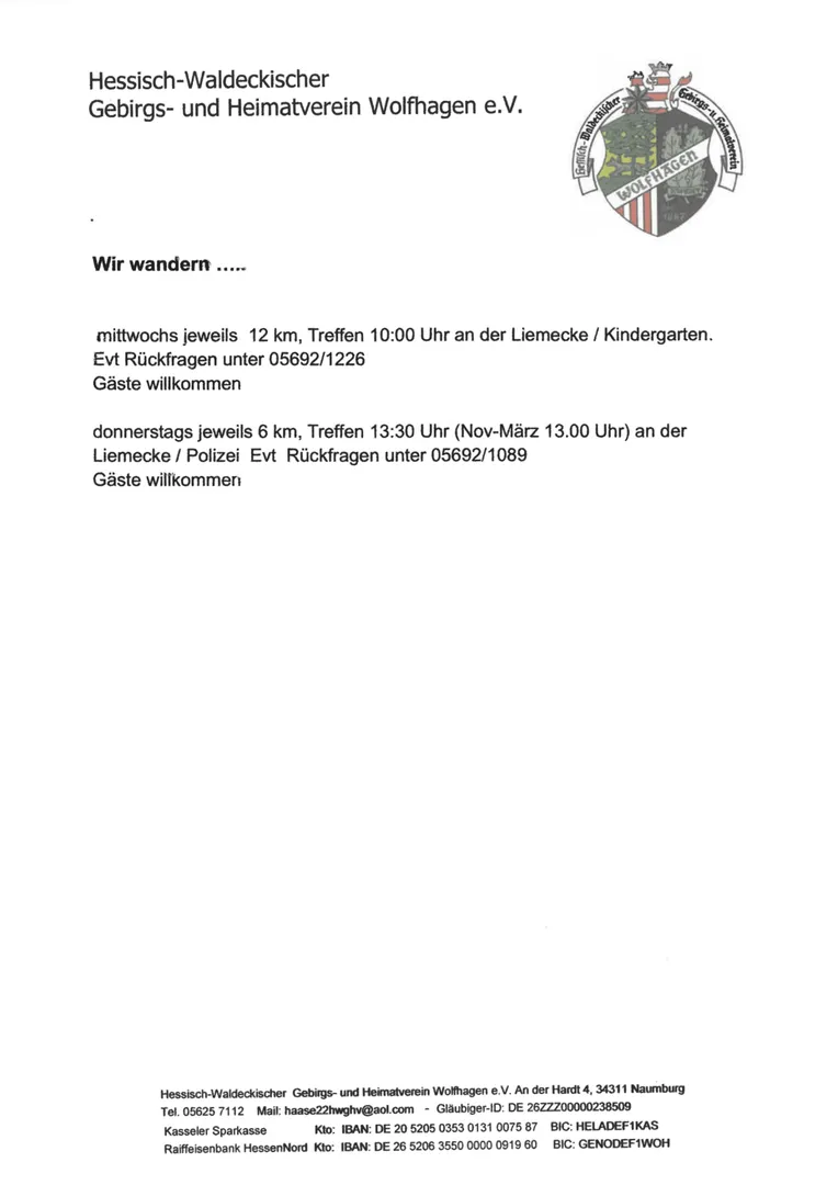 Wöchentliche Wanderungen des Hessisch-Waldeckischen Gebirgs- und Heimatverein Wolfhagen e. V.