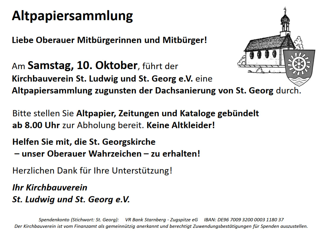 Altpapiersammlung am 10.10.2026 ab 8.00h durch den Kirchbauverein St. Ludwig und St. Georg e.V.