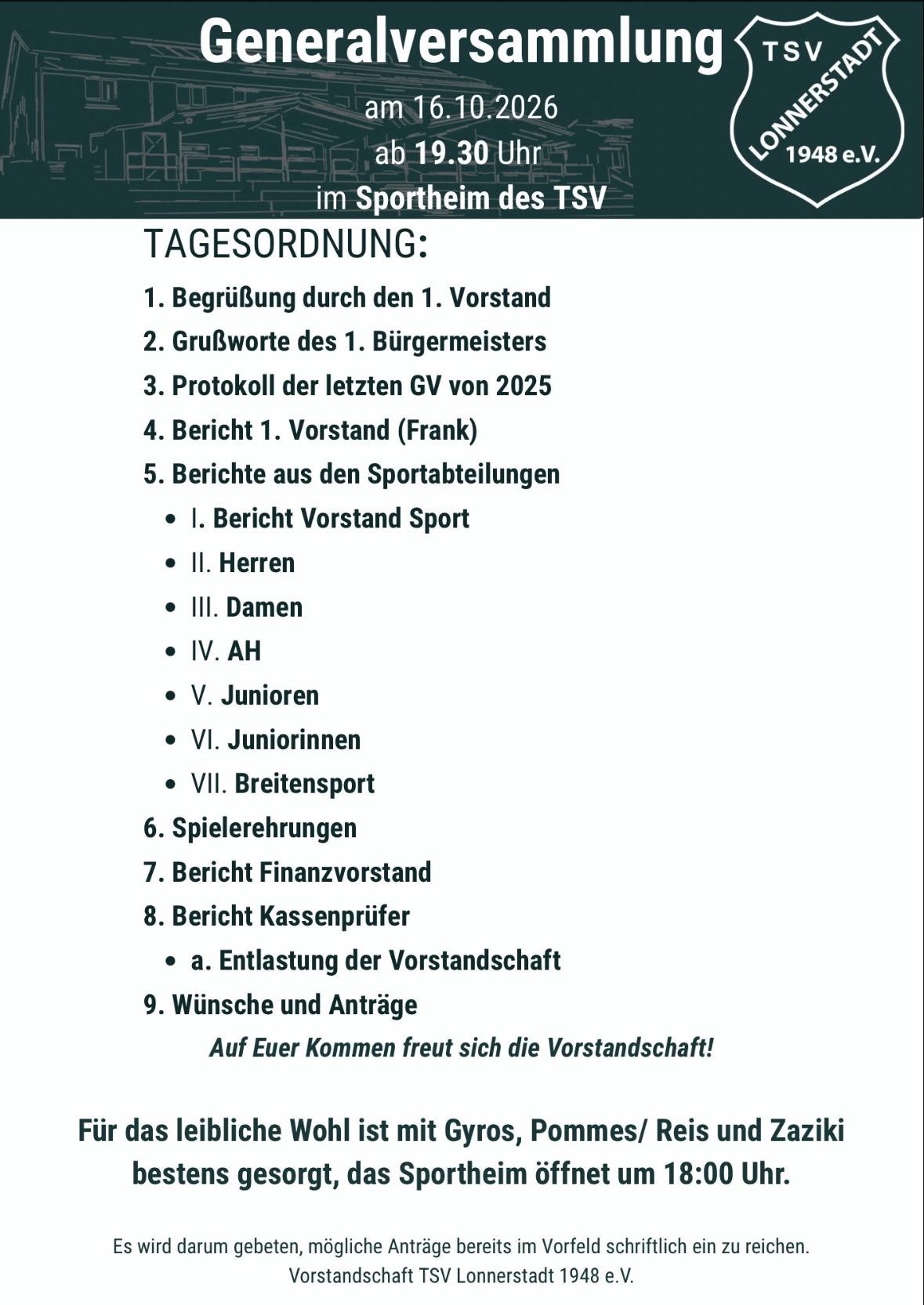 📢 Einladung zur Generalversammlung des TSV Lonnerstadt 1948 e. V. 💚🤍