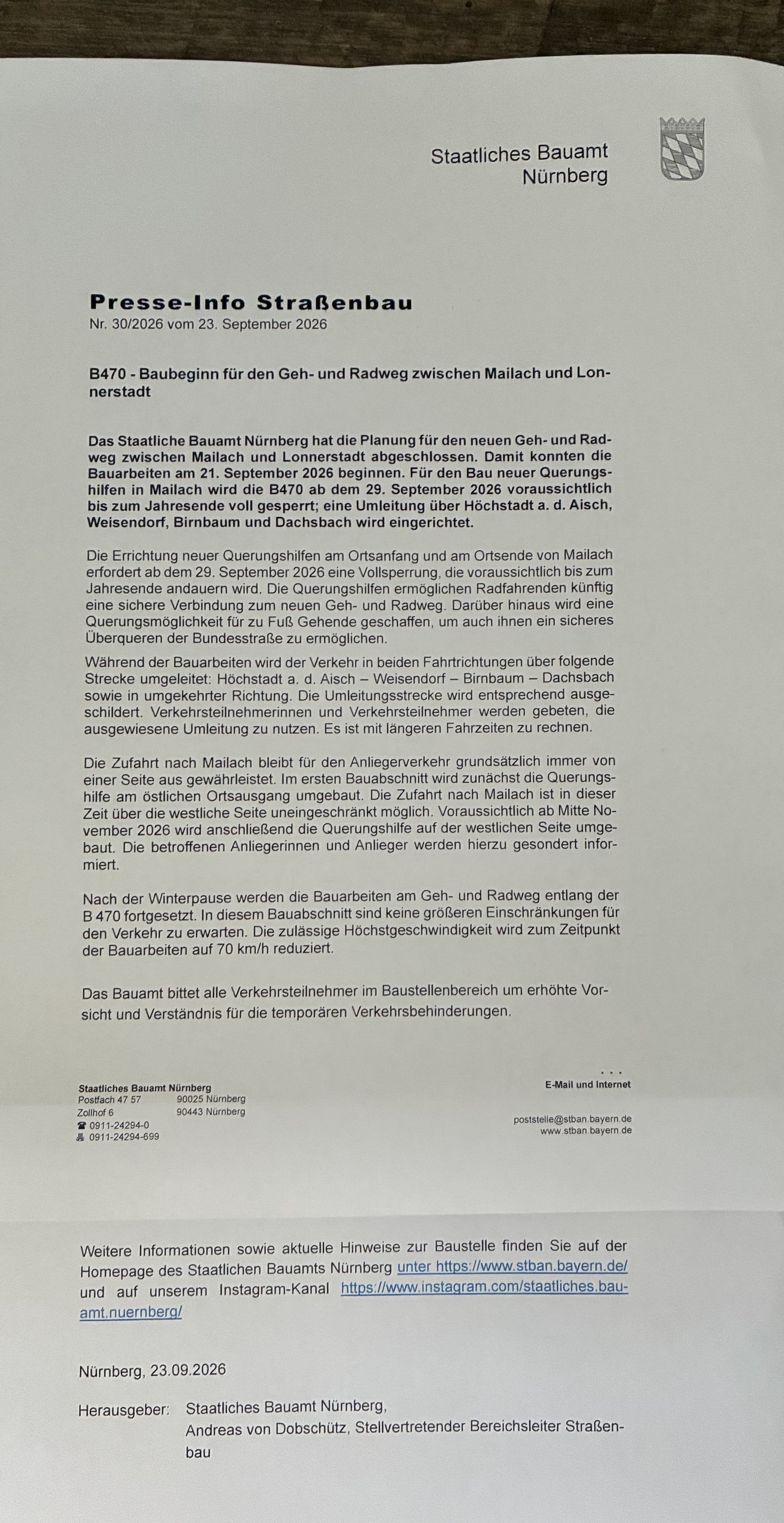 Vollsperrung der B470 in Mailach ab 29.09. bis Jahresende - Pressemitteilung von heute, 23.09.