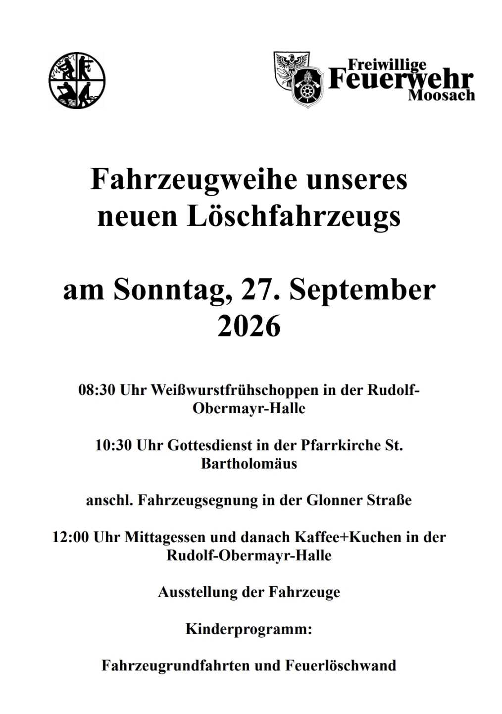 Einladung zur Fahrzeugweihe des neuen Löschfahrzeugs