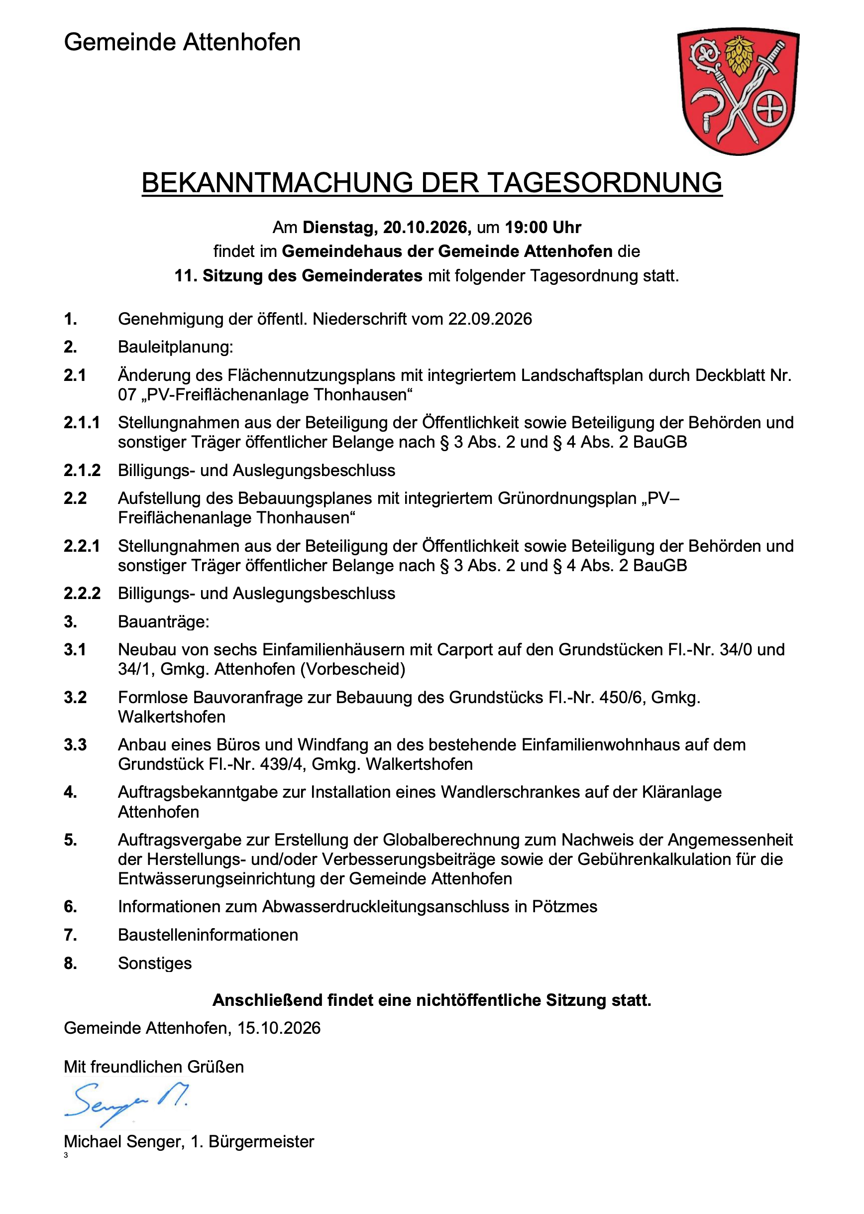 Bekanntmachung: Gemeinderatssitzung in Attenhofen am 20. Oktober 2026