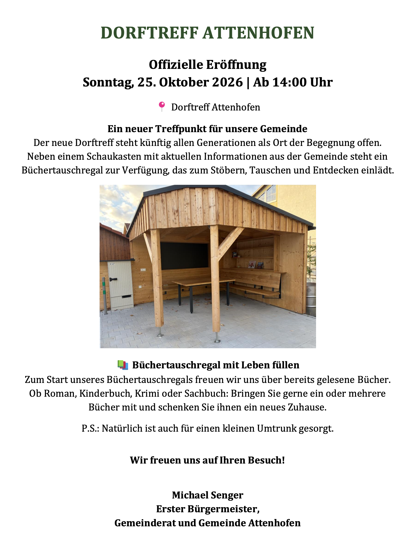 Offizielle Eröffnung des Dorftreffs Attenhofen am 25. Oktober 2026