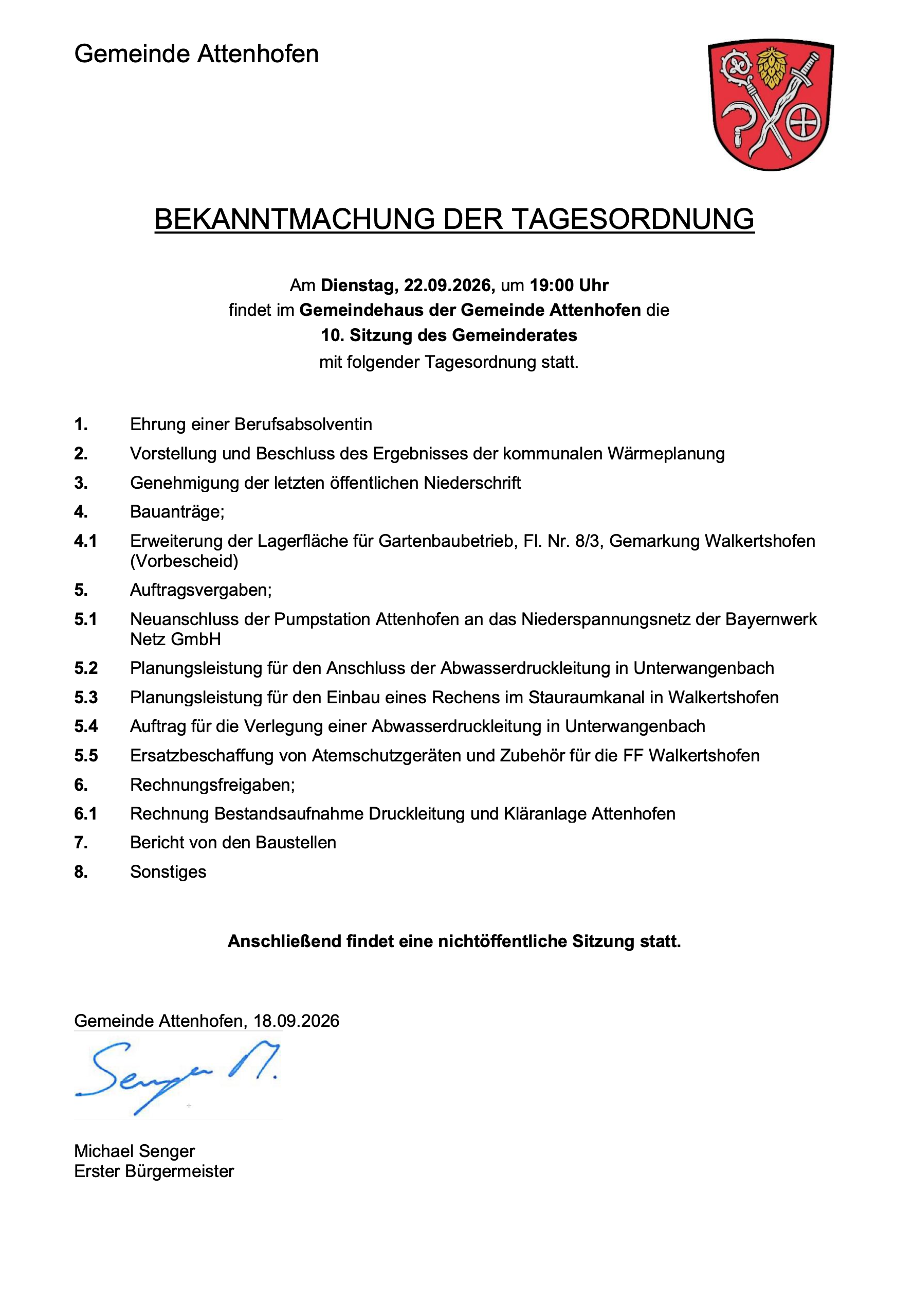 Bekanntmachung der Tagesordnung am 22.09.2026