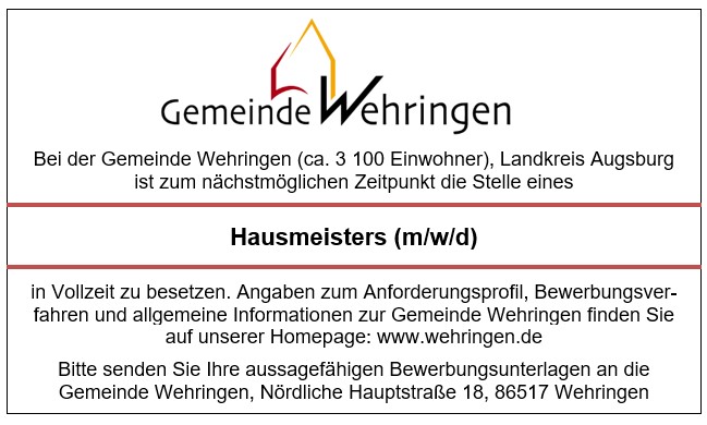 Stellenangebot der Gemeinde Wehringen: Hausmeister (m/w/d) für die gemeindlichen Liegenschaften in Vollzeit