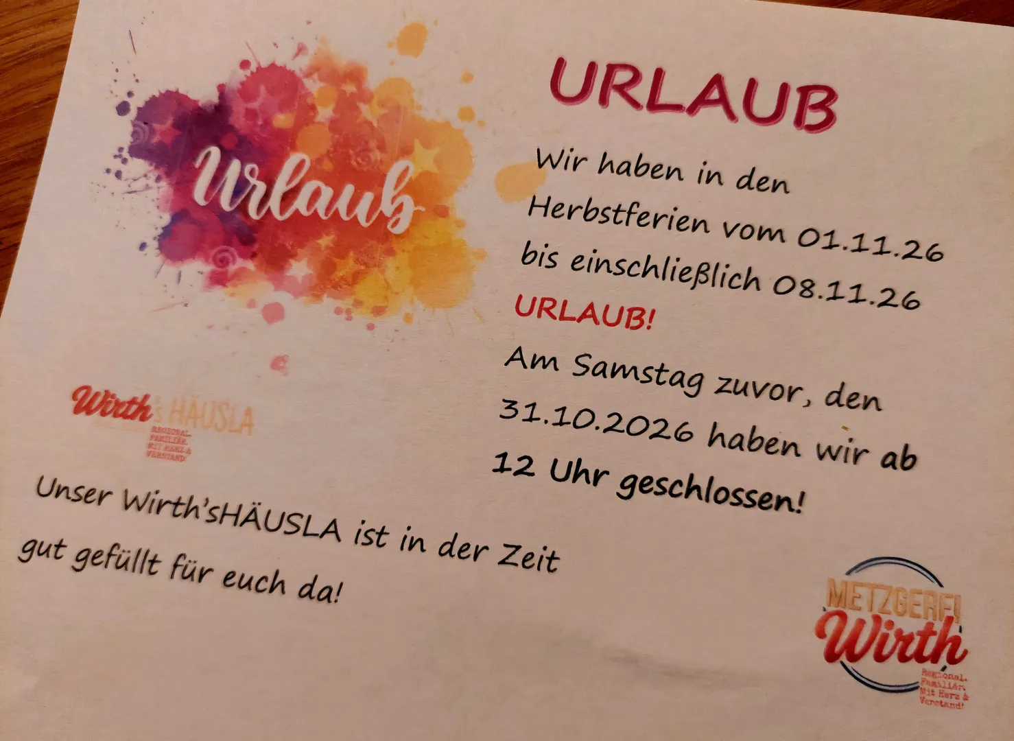 Urlaub eurer Familien-Metzgerei Wirth 🌄