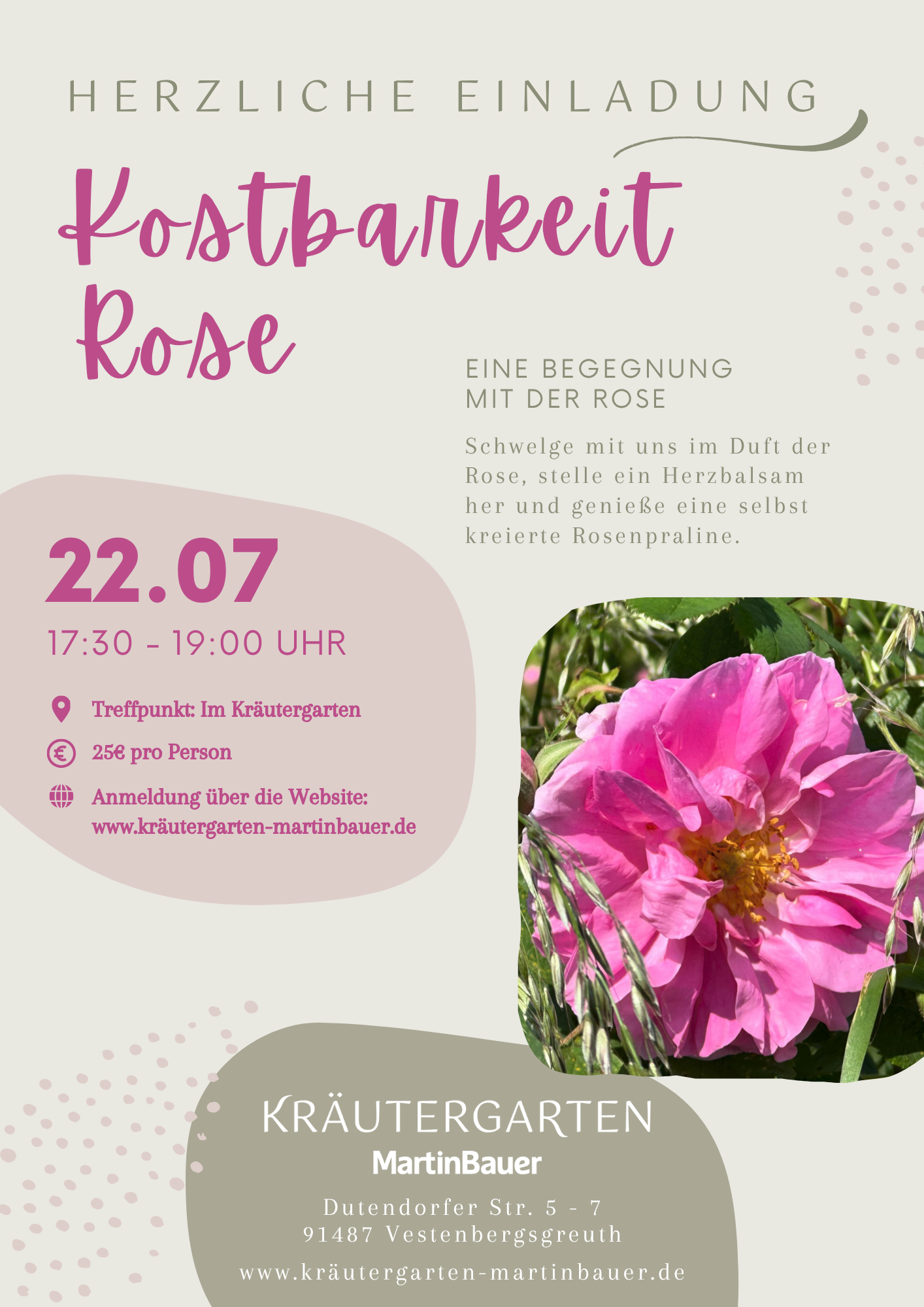 Morgen kostenloser Vortrag im Kräutergarten und nächsten Mittwoch eine besondere Begegnung mit der Rose