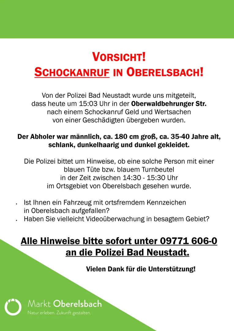 Schockanruf in Oberelsbach – Polizei bittet um Mithilfe