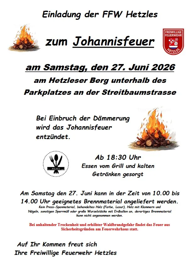 Einladung der FFW Hetzles  zum Johannisfeuer