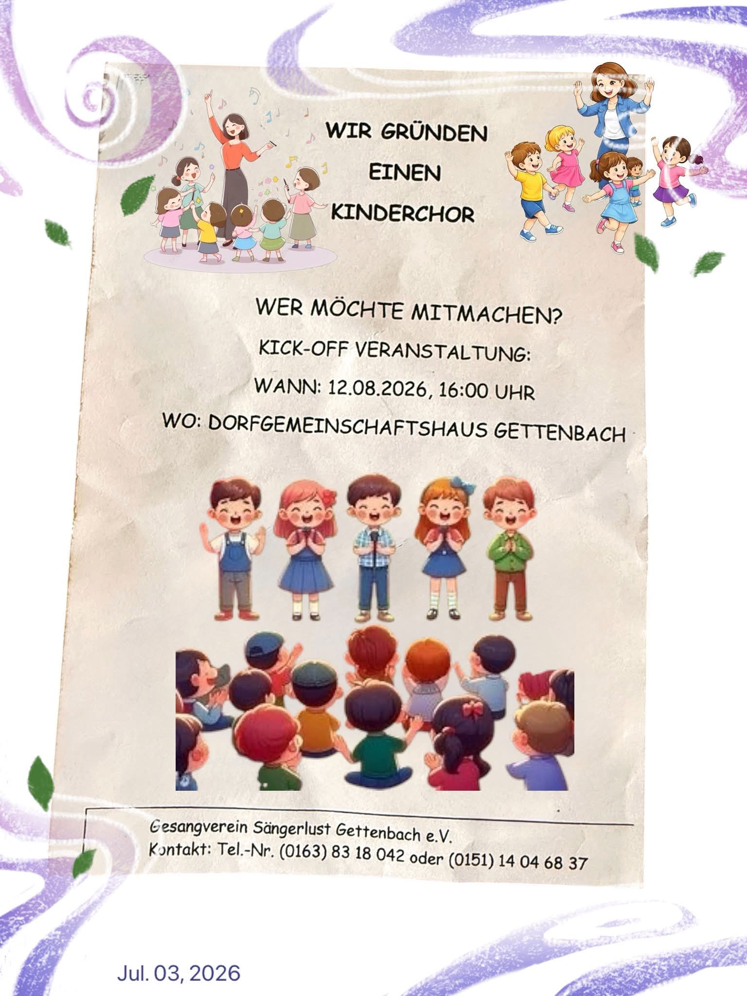 Kick-Off Kinderchor am 12.08.2026 im Dorfgemeinschaftshaus in Gettenbach