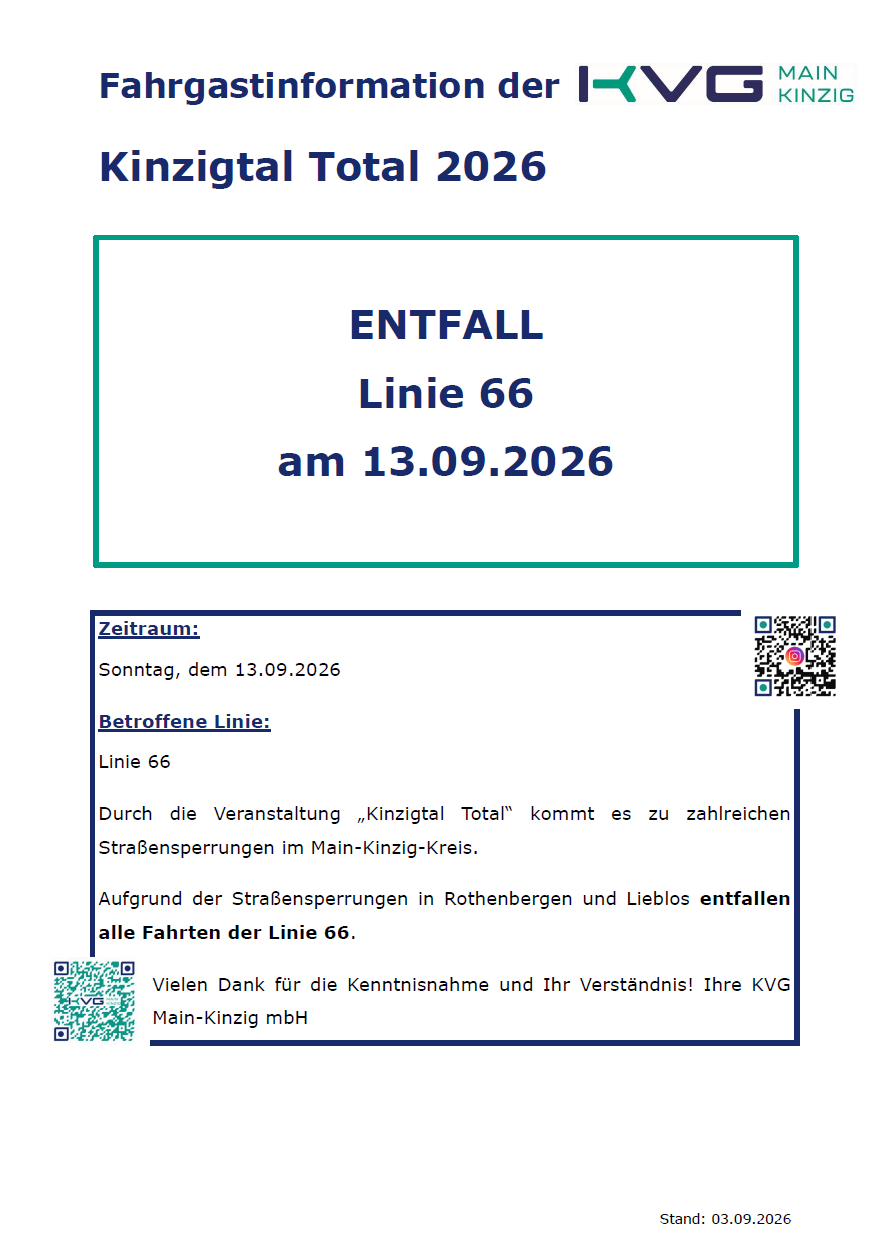 Fahrgastinformation: Linie 66 entfällt am Sonntag