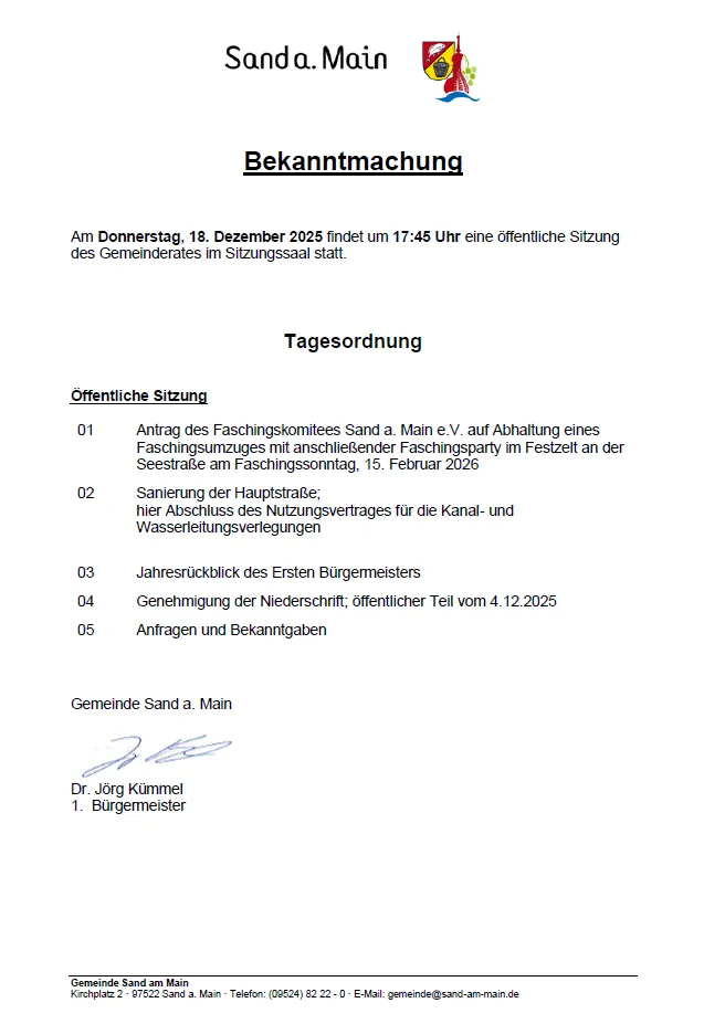 Öffentliche Gemeinderatssitzung 18. Dezember 2025