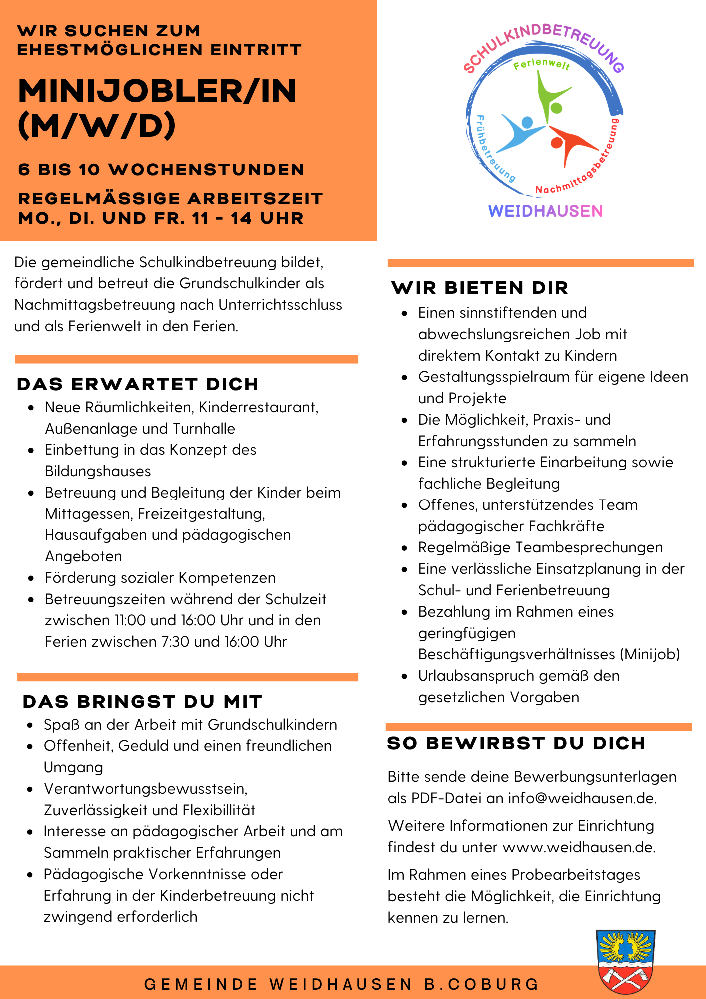 Stellenausschreibung für eine/n Minijobler/in (m/w/d) in der Schulkindbetreuung Weidhausen 
