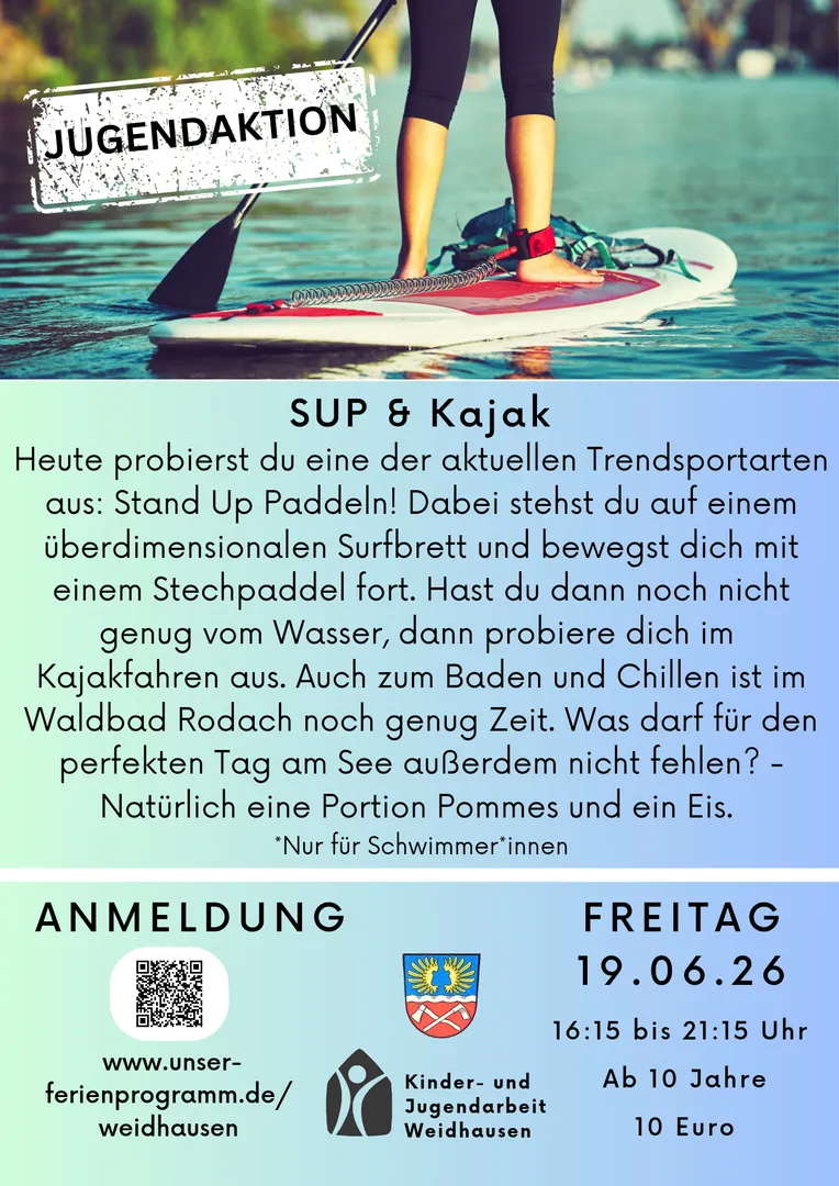 Jugendaktion im Juli: SUP & Kajak