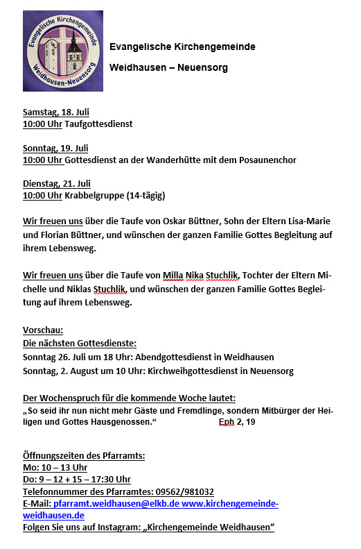 Informationen aus der Evangelischen Kirchengemeinde Weidhausen - Neuensorg