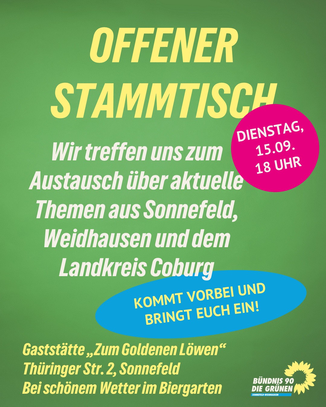 Offener Grüner Stammtisch am Dienstag, 15.09.2026