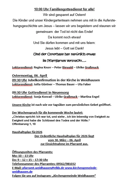 Informationen aus der Evangelischen Kirchengemeinde Weidhausen - Neuensorg