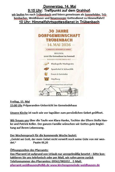 Informationen aus der Evangelischen Kirchengemeinde Weidhausen und Neuensorg