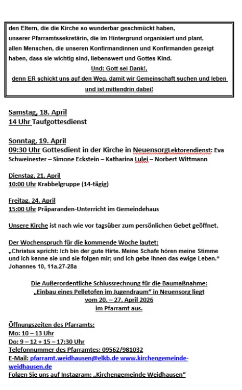 Informationen der Evangelisch - Lutherischen Kirchengemeinde Weidhausen - Neuensorg