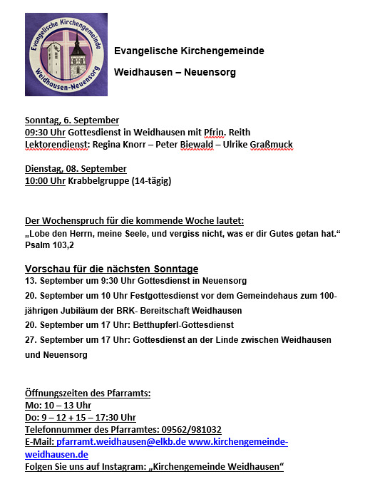 Informationen aus der Evangelischen Kirchengemeinde Weidhausen - Neuensorg