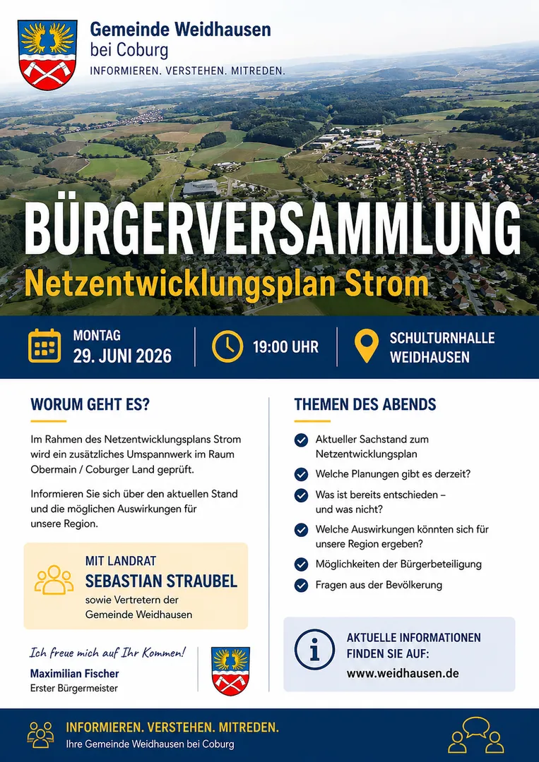 Herzliche Einladung zur Bürgerversammlung am 29.06.2026 um 19 Uhr in der Schulturnhalle in Weidhausen b.Coburg