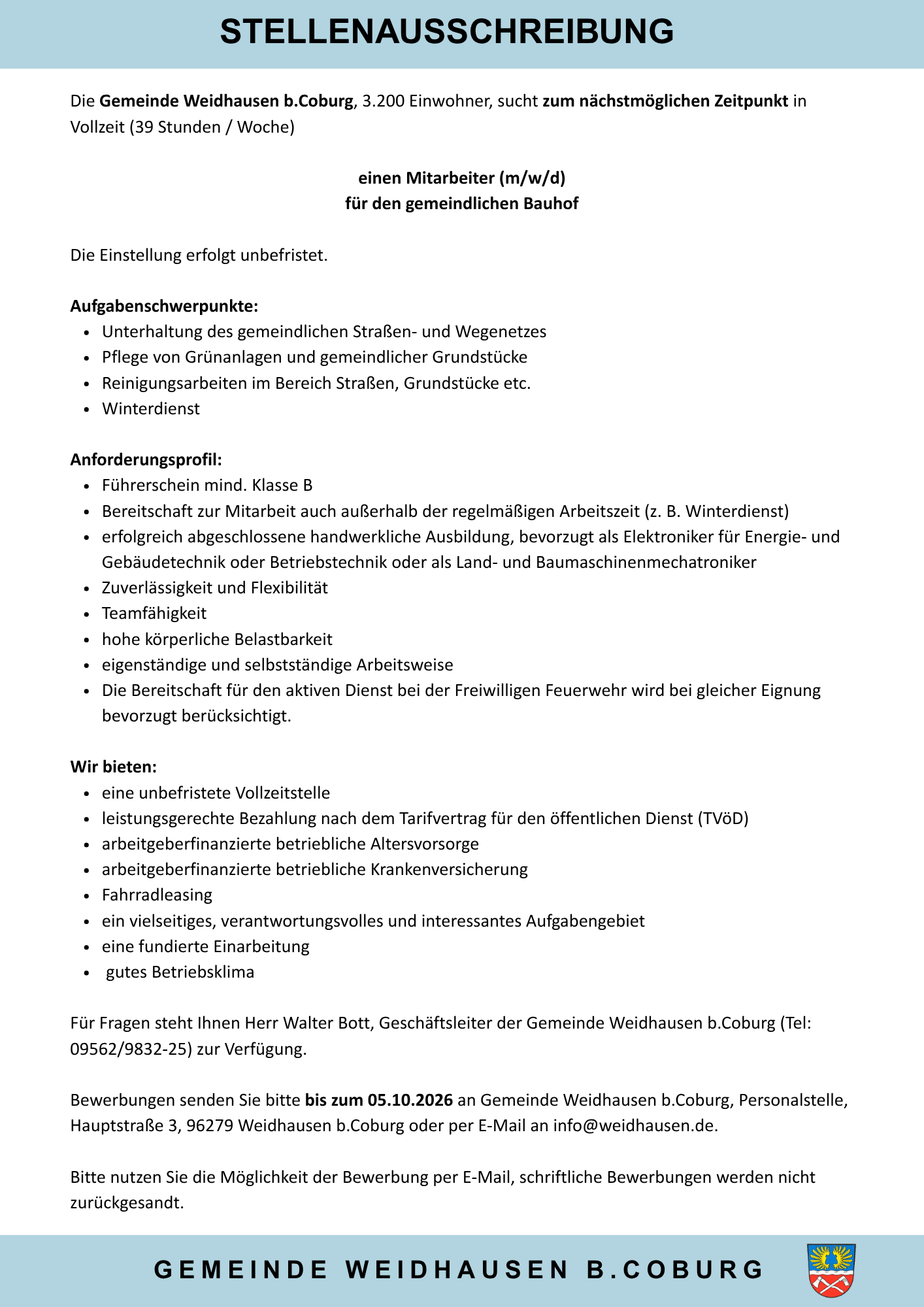 Stellenausschreibung für einen Mitarbeiter (m/w/d) für den gemeindlichen Bauhof