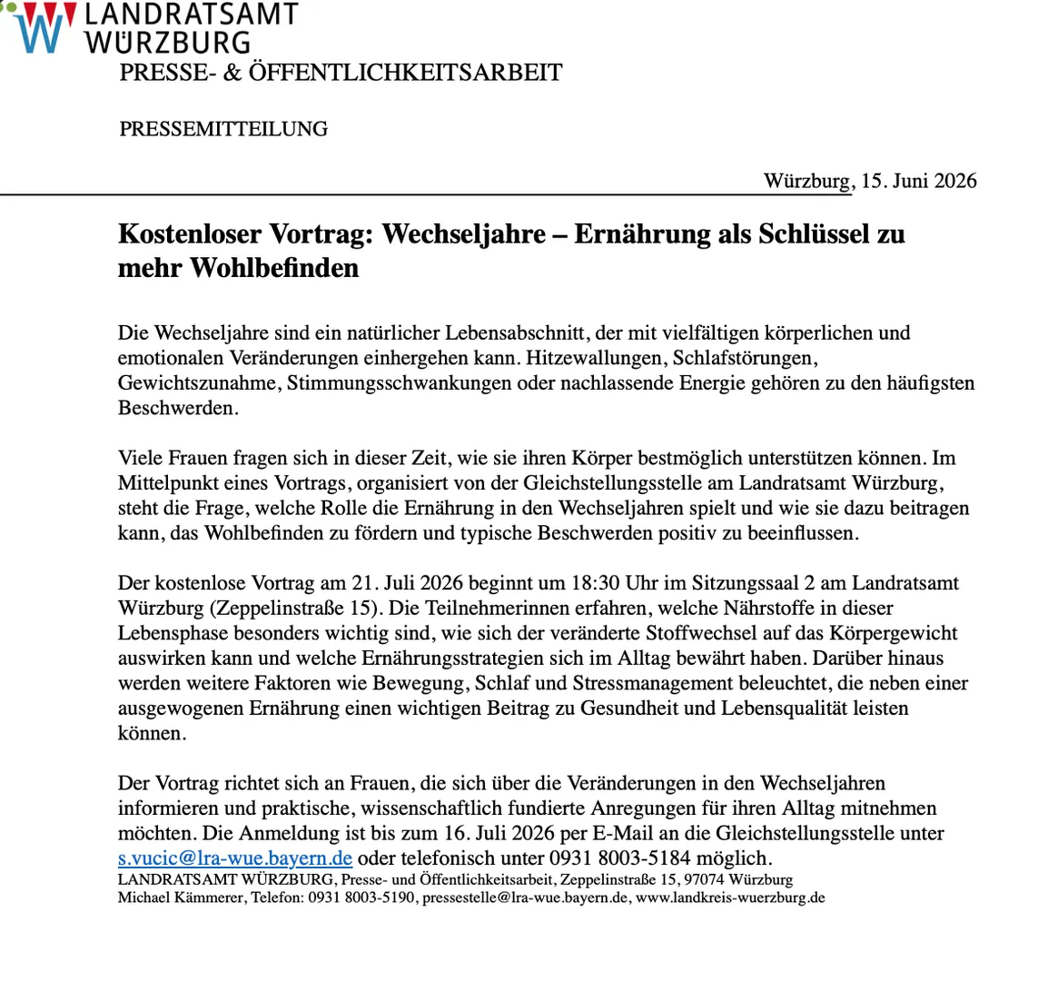 Kostenloser Vortrag: Wechseljahre – Ernährung als Schlüssel zu mehr Wohlbefinden