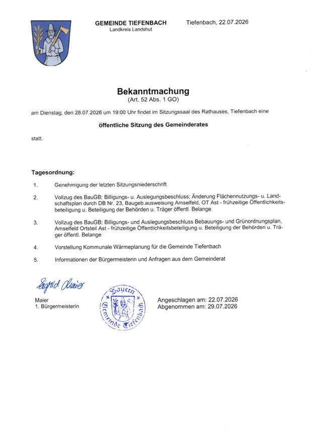 Bekanntmachung der öffentlichen Sitzung des Gemeinderats am 28.07.2026