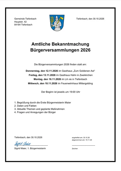 Bekanntmachung der Termine für die Bürgerversammlungen 2026