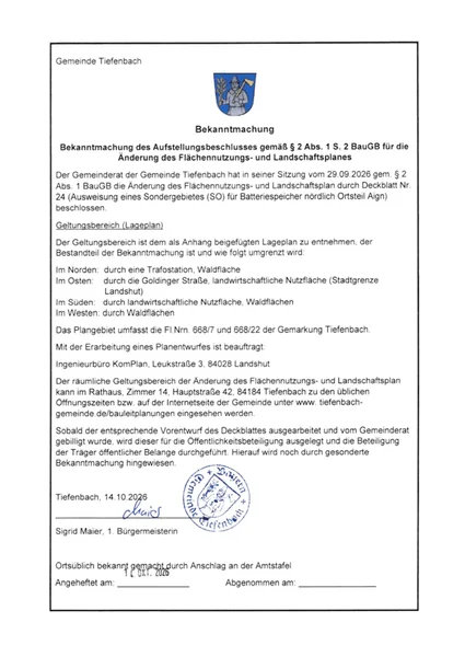 Bekanntmachung des Aufstellbeschlusses gemäß § 2 Abs. 1 S. 2 BauGB für die Änderung des Flächennutzungs- und Landschaftsplanes_1