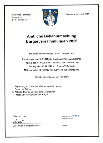 Bekanntmachung der Termine für die Bürgerversammlungen 2026