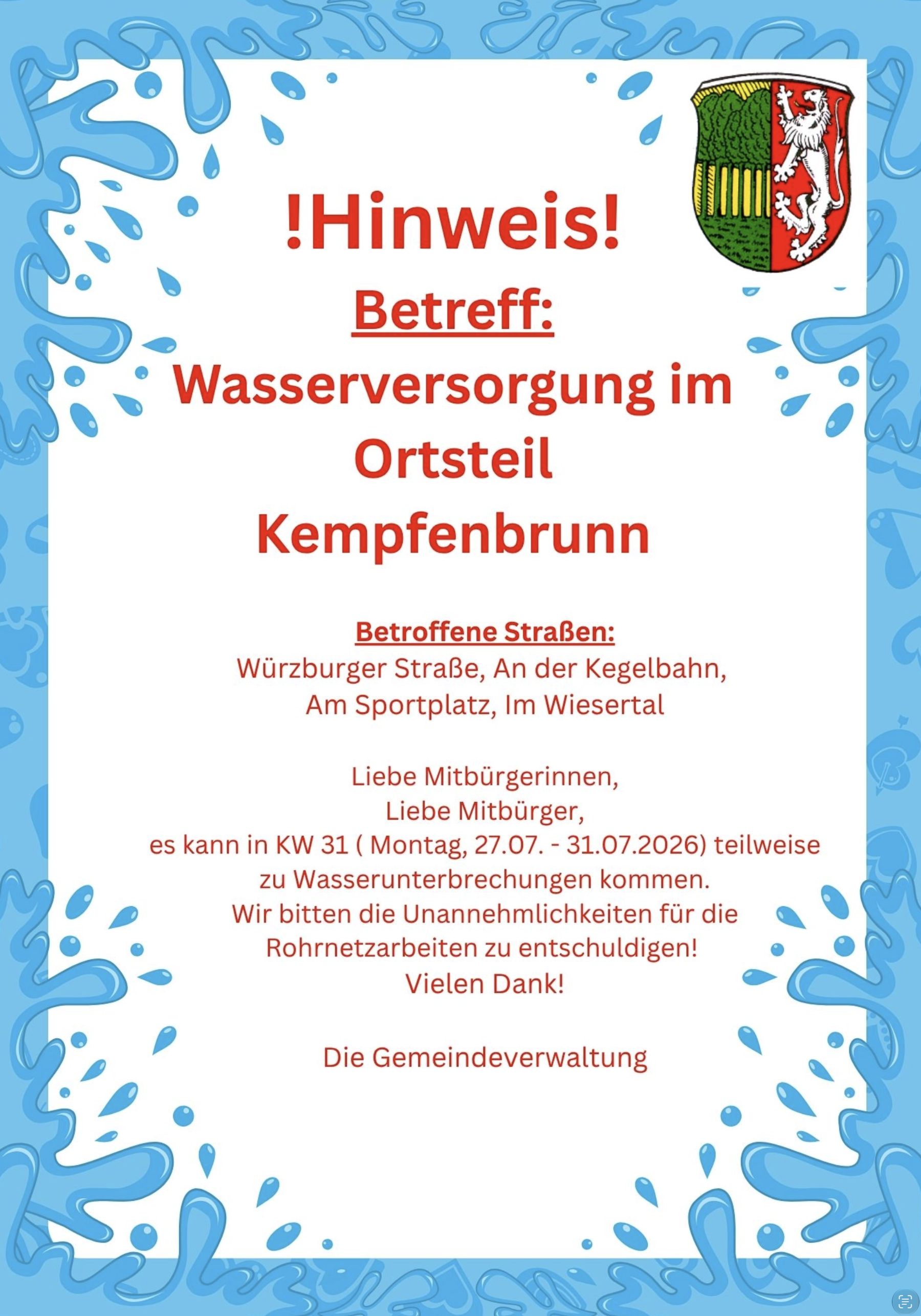 Wasserversorgung im Ortsteil Kempfenbrunn