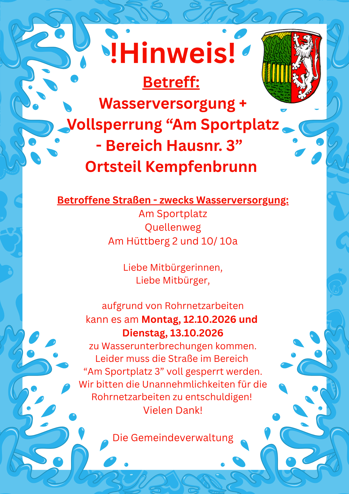 Erneute Rohrnetzarbeiten im Ortsteil Kempfenbrunn - Vollsperrung im Bereich 