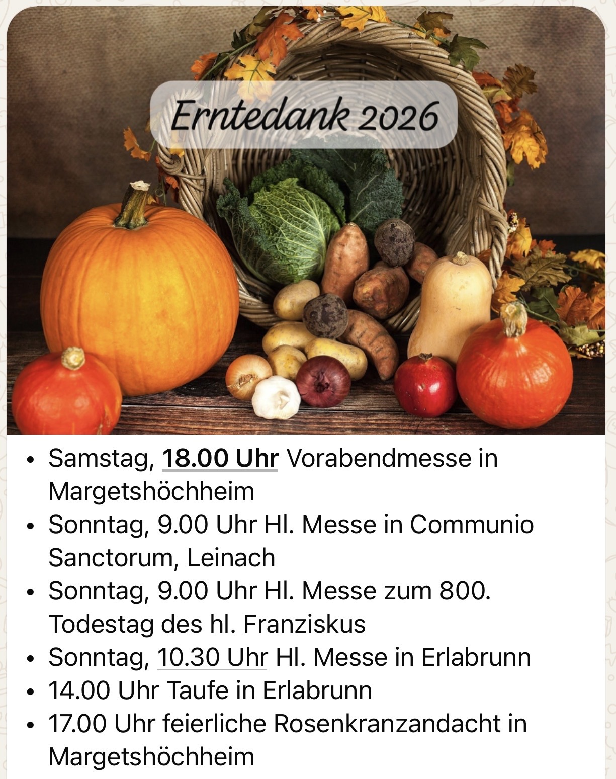 Unsere Gottesdienste zum Erntedankfest 