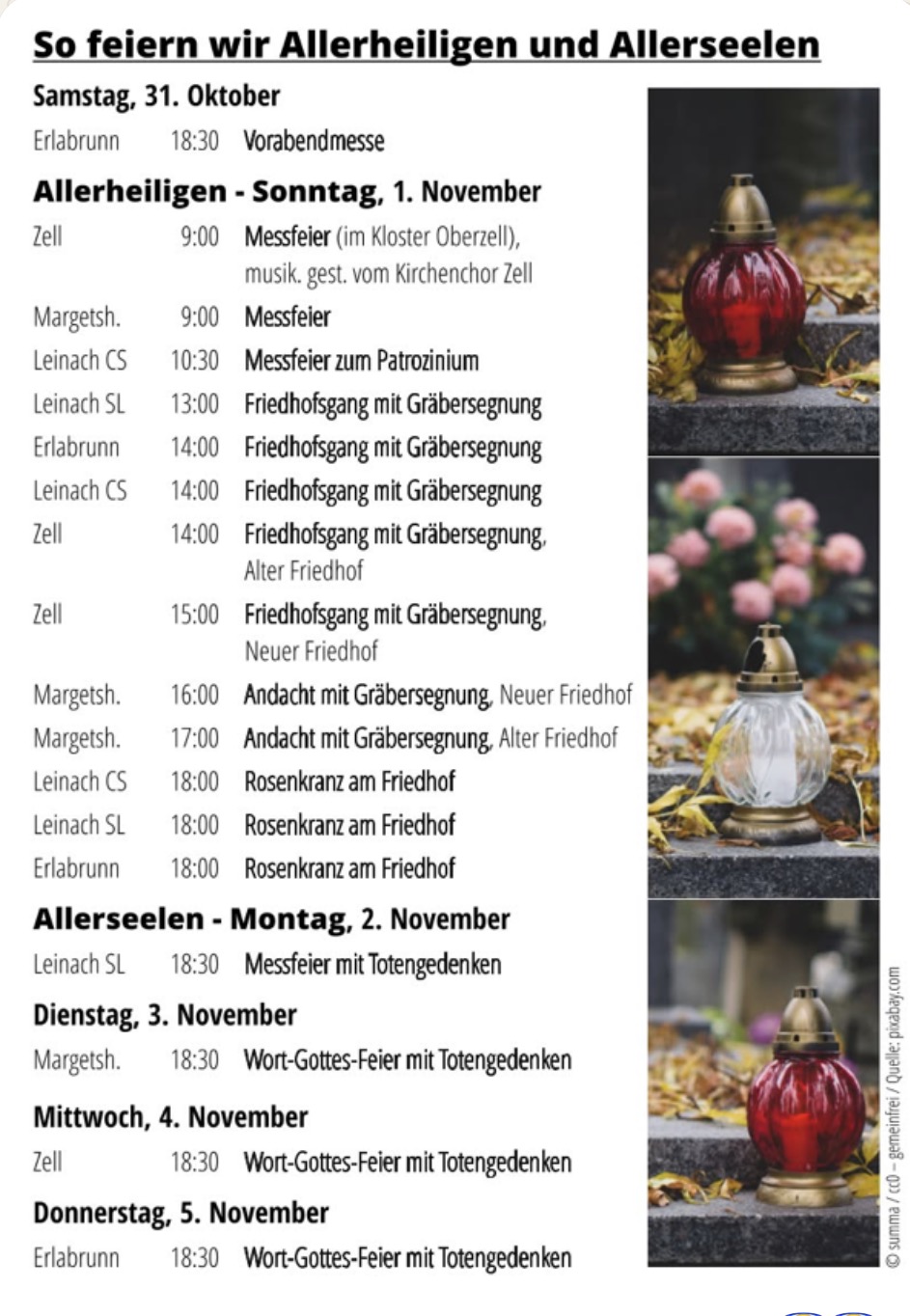 Gottesdienste an Allerheiligen und Allerseelen