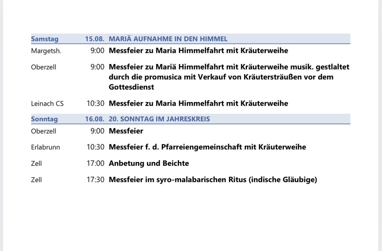 Unsere Gottesdienste am Wochenende 15. und 16. August