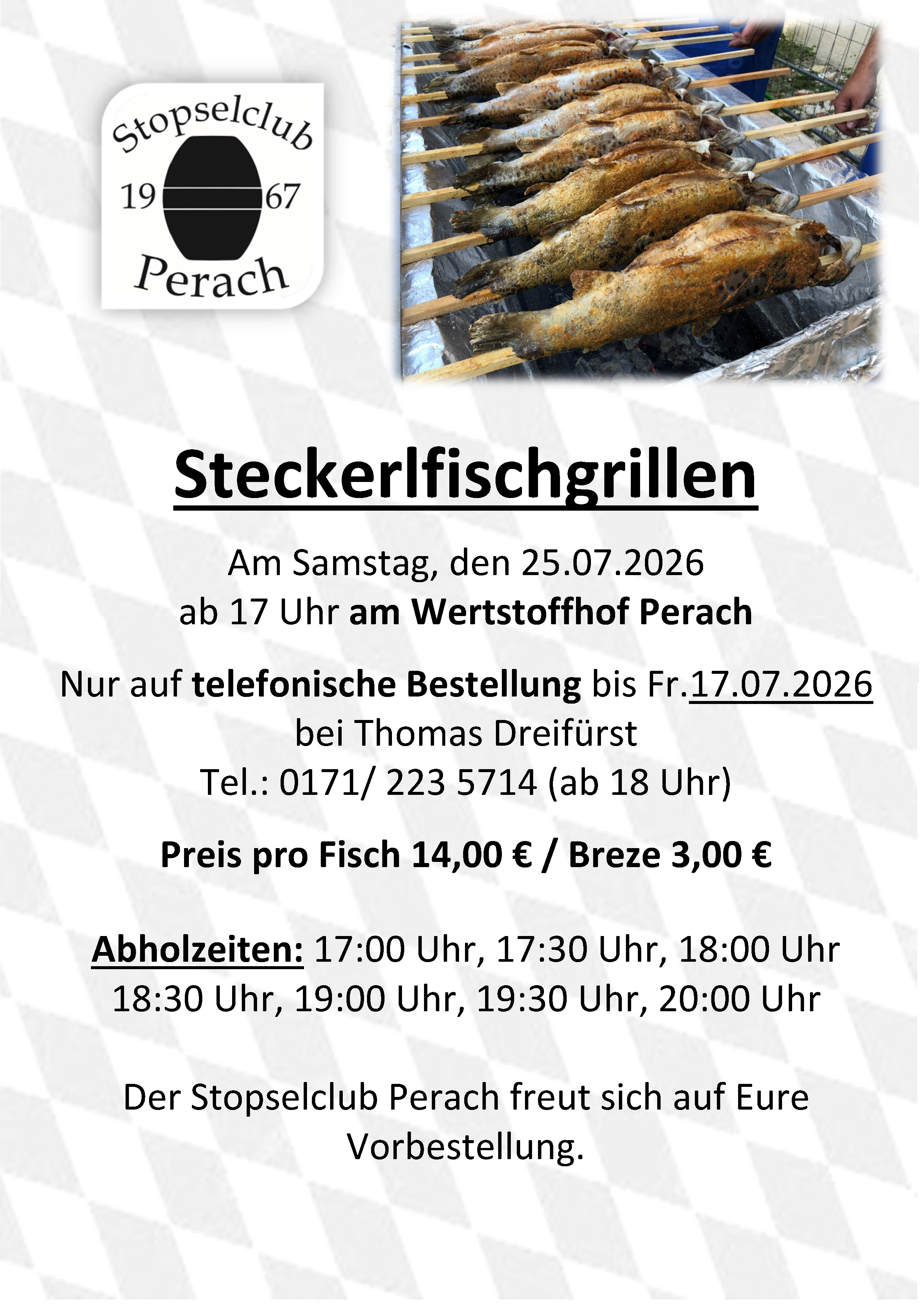 Steckerlfischparty 25.07.2026 - Vorbestellung Fische/Brezen
