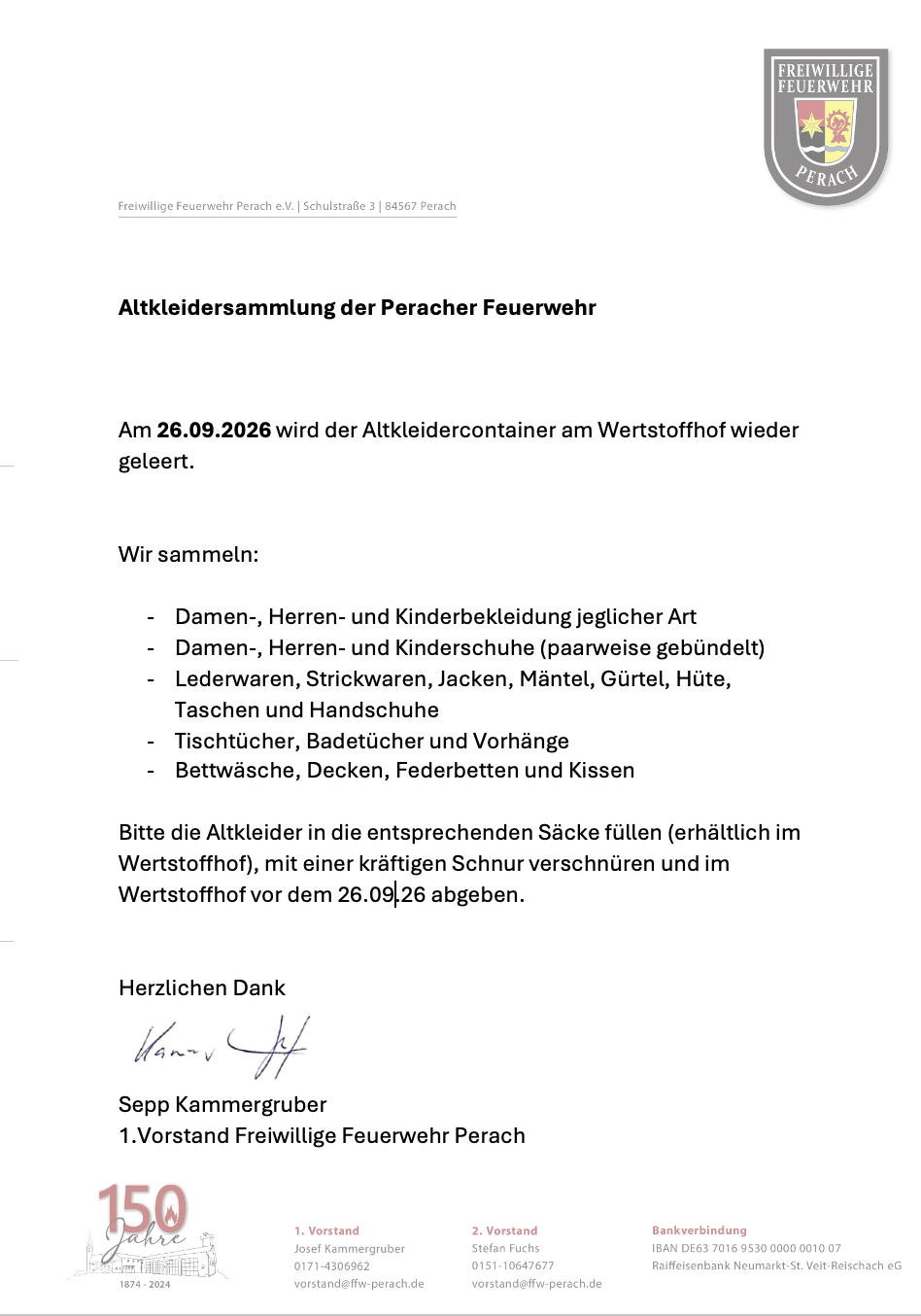 Altkleidersammlung am 26.09.2026