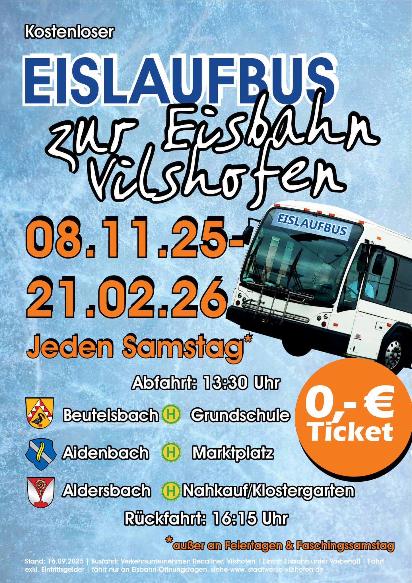 Kostenloser Eislaufbus fährt bis 21. Februar 2026 samstags