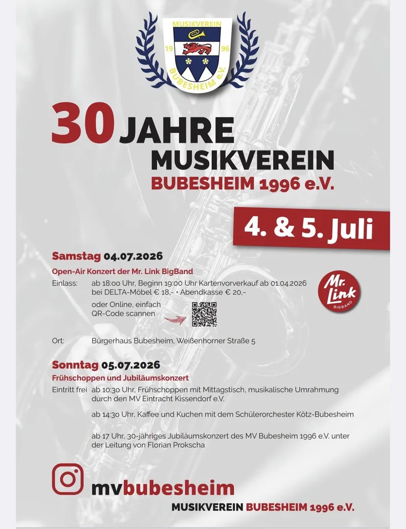 30 Jahre Musikverein Bubesheim – Jubiläumswochenende am 4. & 5. Juli