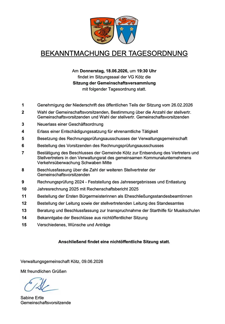 Bekanntmachung: Gemeinschaftsversammlung der VG Kötz