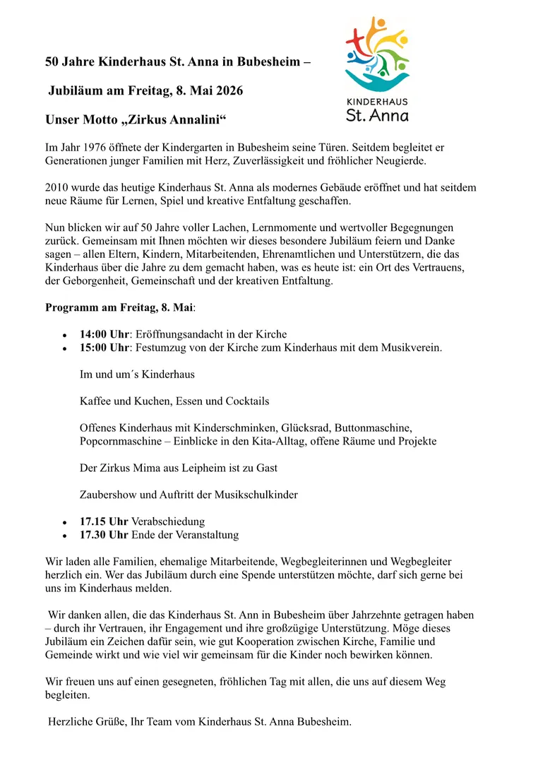 50 Jahre Kinderhaus St. Anna Bubesheim – Jubiläumsfeier
