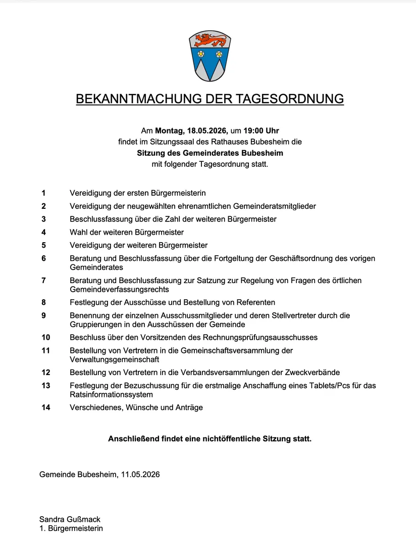 Sitzung des Gemeinderates Bubesheim am 18.05.2026